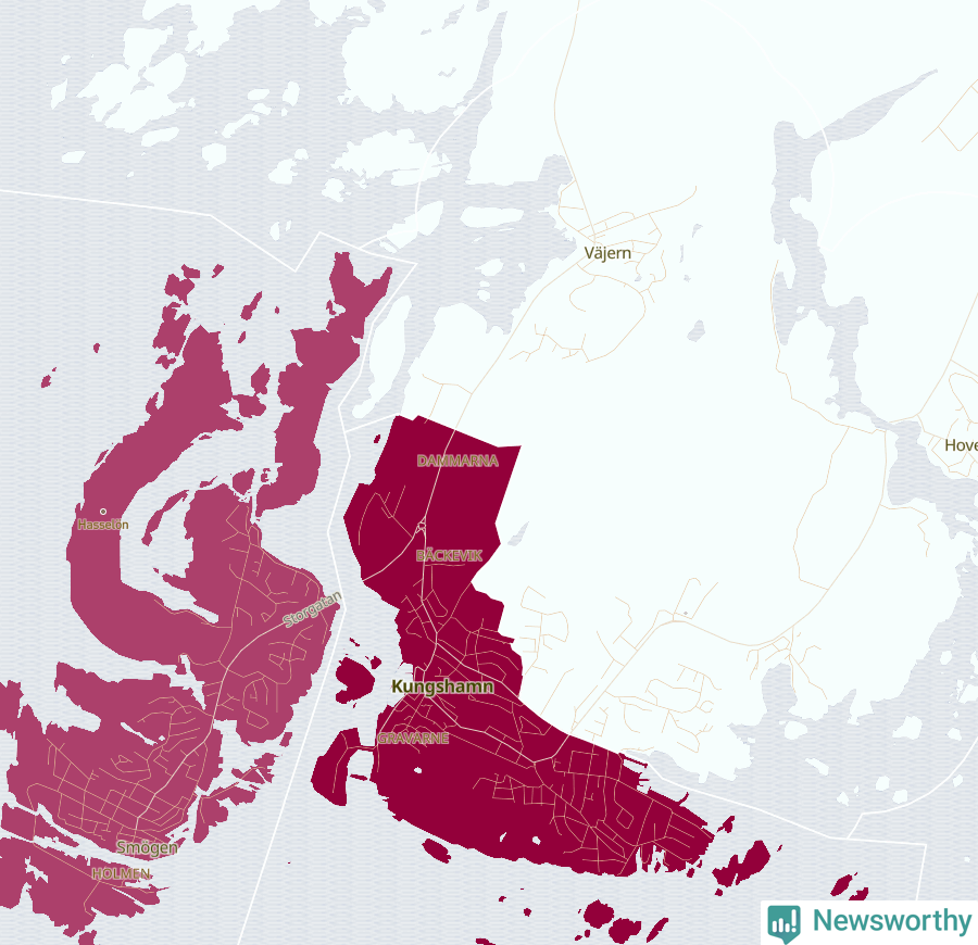 Karta som visar antalet cykelstölder i olika delar av Kungshamn, se tabell ovan