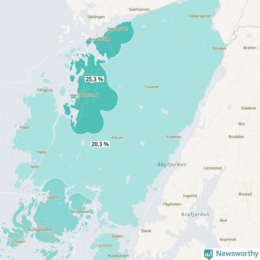 Karta över andel av befolkningen är ensamstående utan barn per område i Sotenäs 2023.