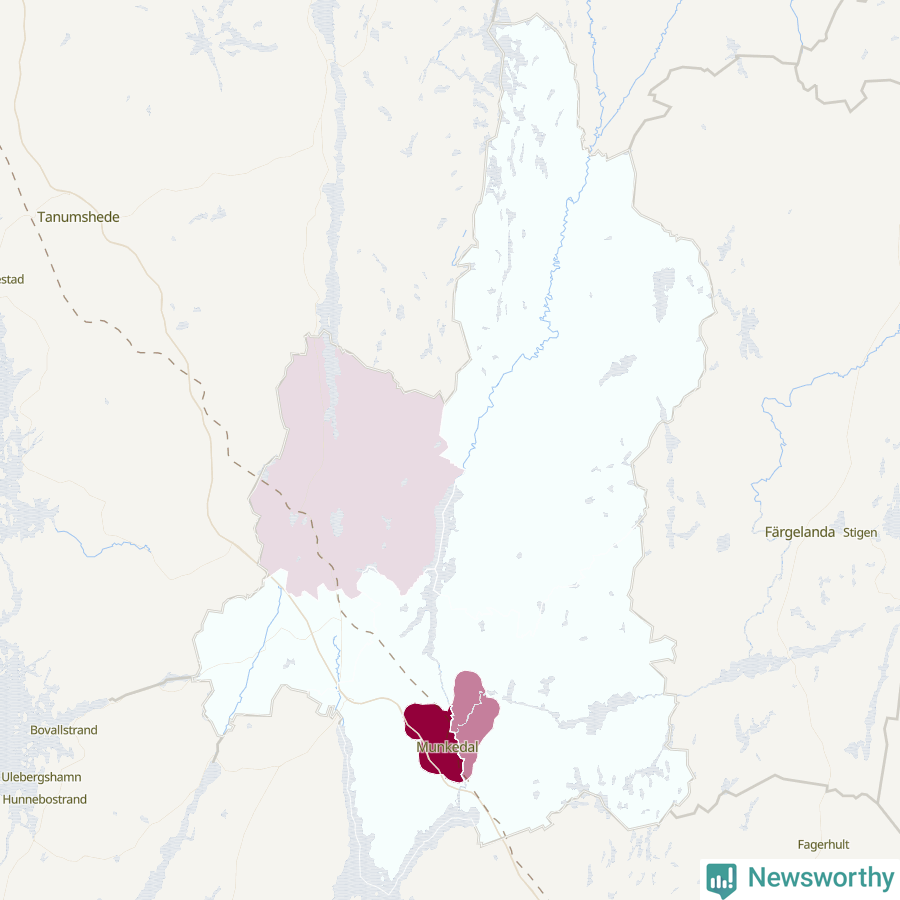 Karta som visar antalet cykelstölder i olika delar av Munkedals kommun, även i tabell nedan