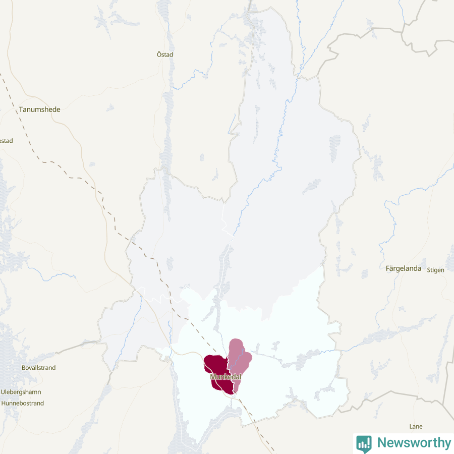Karta som visar antalet cykelstölder i olika delar av Munkedals kommun, även i tabell nedan
