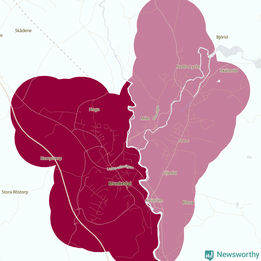 Karta som visar antalet cykelstölder i olika delar av Munkedal, se tabell ovan