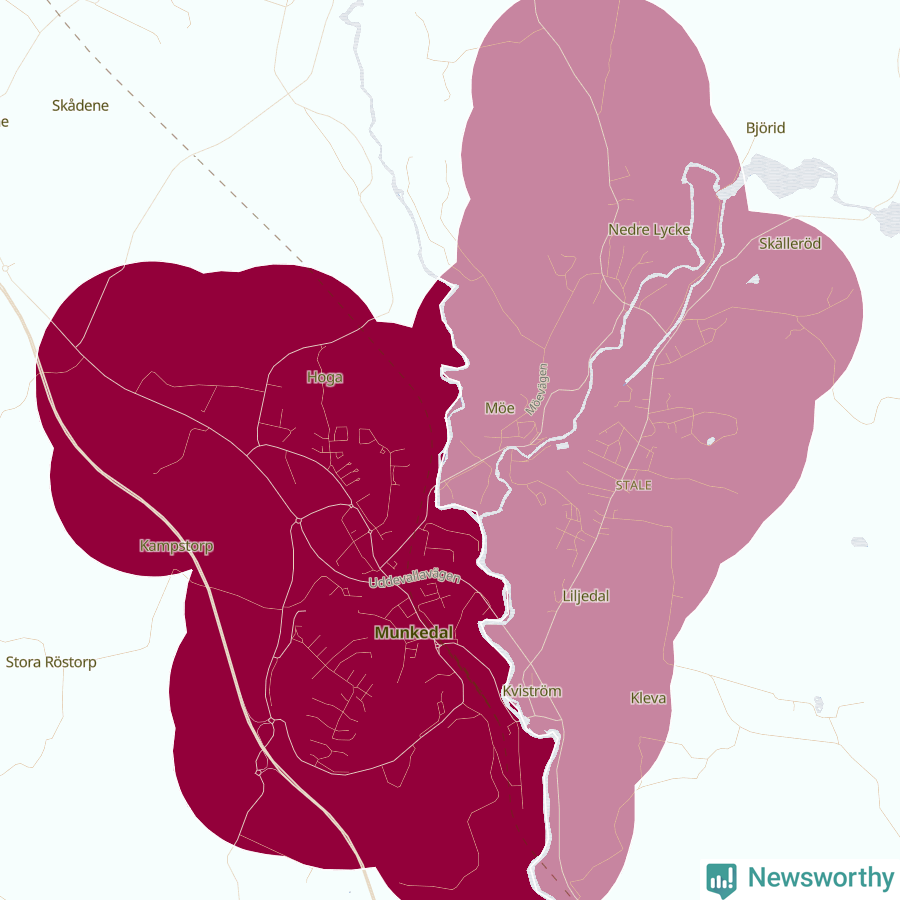 Karta som visar antalet cykelstölder i olika delar av Munkedal, se tabell ovan
