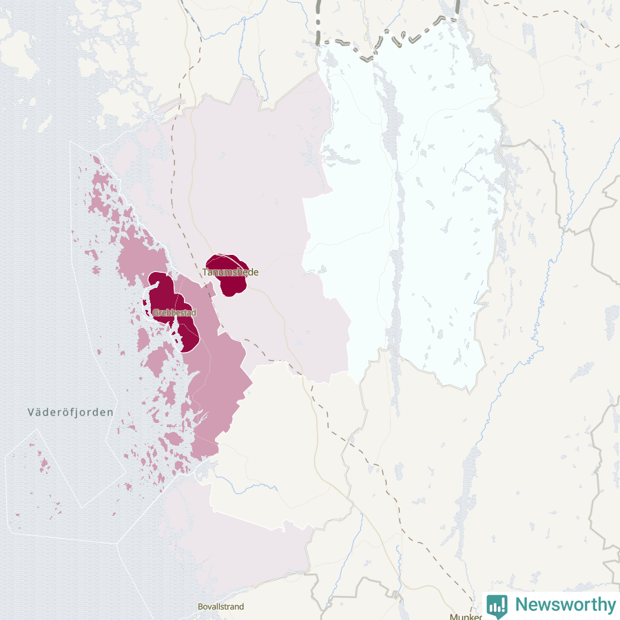 Karta som visar antalet cykelstölder i olika delar av Tanums kommun, även i tabell nedan