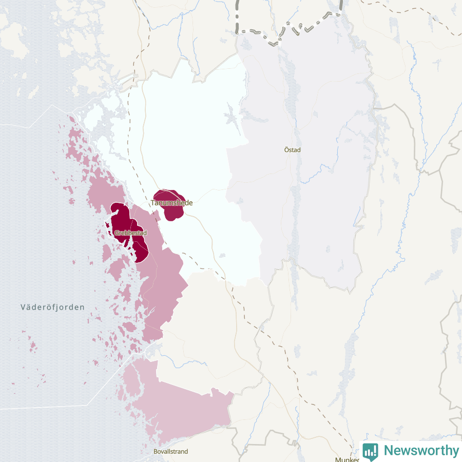 Karta som visar antalet cykelstölder i olika delar av Tanums kommun, även i tabell nedan
