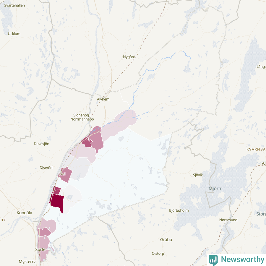 Karta som visar antalet cykelstölder i olika delar av Ale kommun, även i tabell nedan