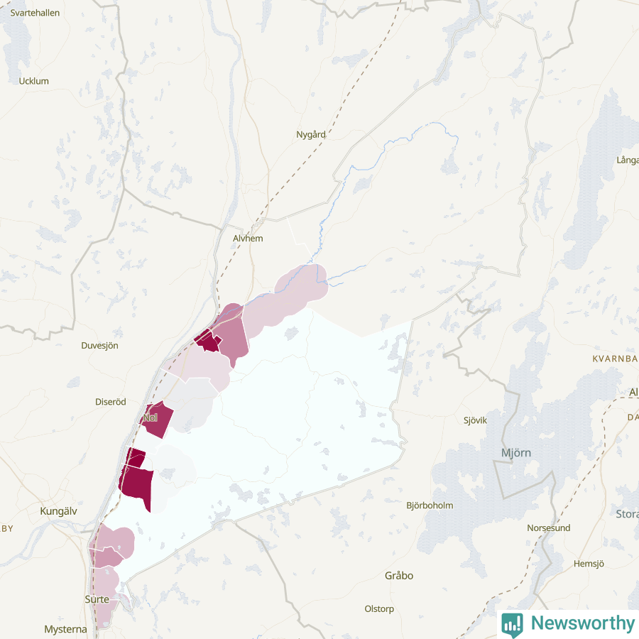 Karta som visar antalet cykelstölder i olika delar av Ale kommun, även i tabell nedan