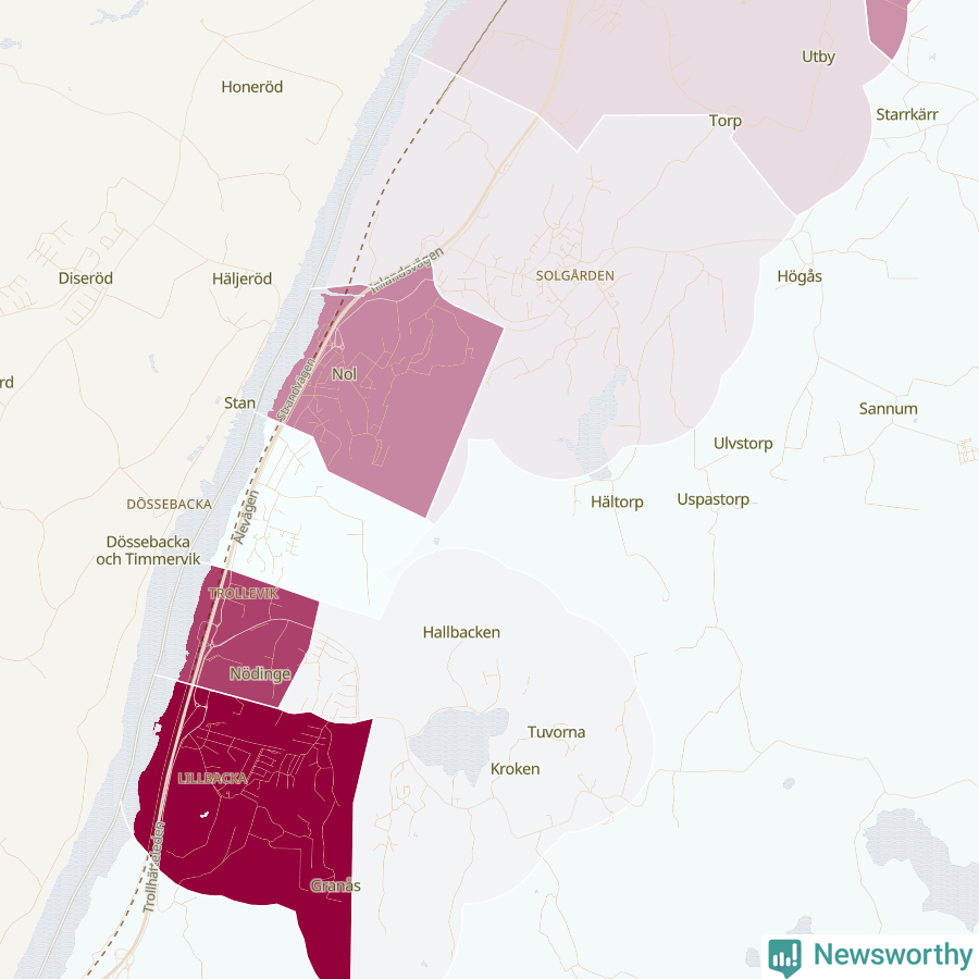 Karta som visar antalet cykelstölder i olika delar av Nödinge-Nol, se tabell ovan