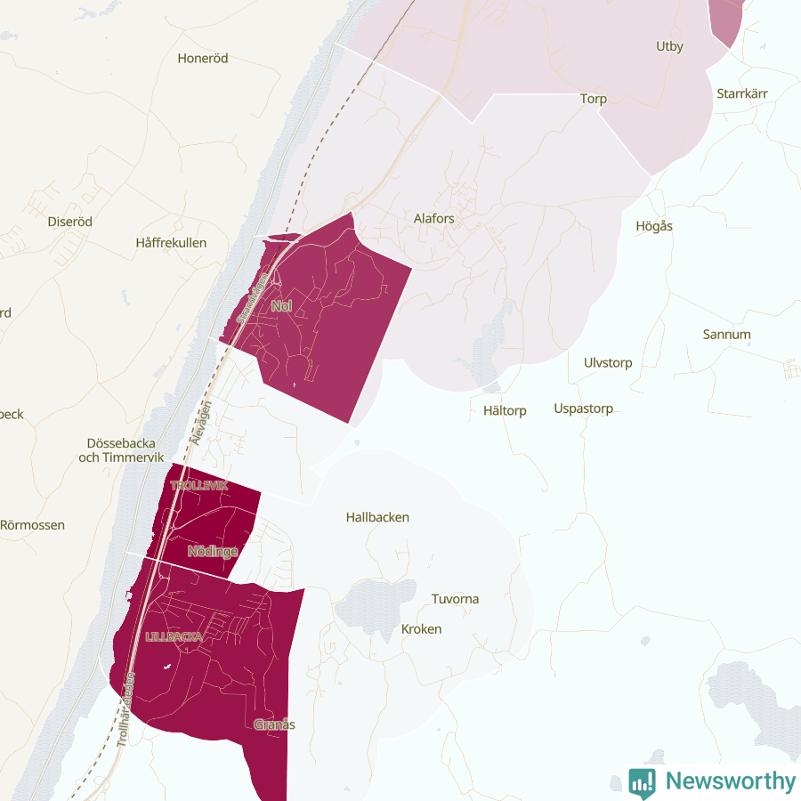 Karta som visar antalet cykelstölder i olika delar av Nödinge-Nol, se tabell ovan