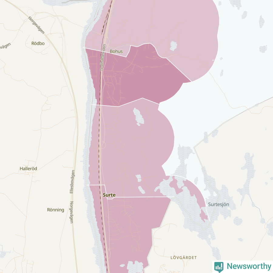 Karta som visar antalet cykelstölder i olika delar av Surte, se tabell ovan