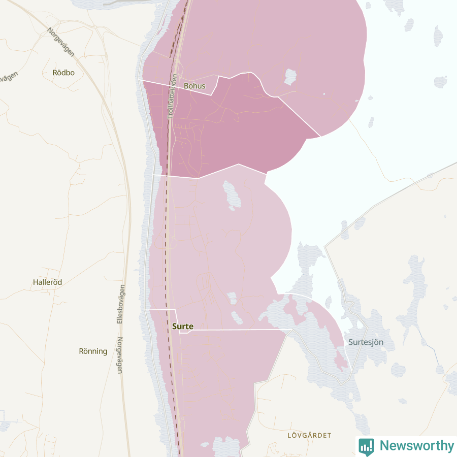 Karta som visar antalet cykelstölder i olika delar av Surte, se tabell ovan