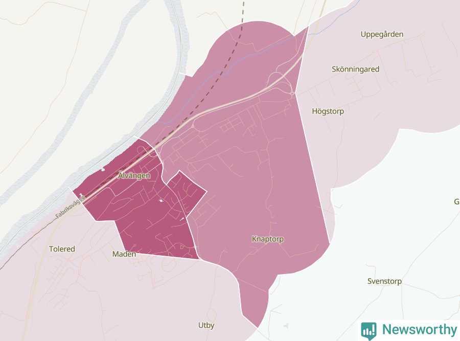 Karta som visar antalet cykelstölder i olika delar av Älvängen, se tabell ovan