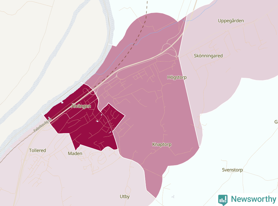 Karta som visar antalet cykelstölder i olika delar av Älvängen, se tabell ovan