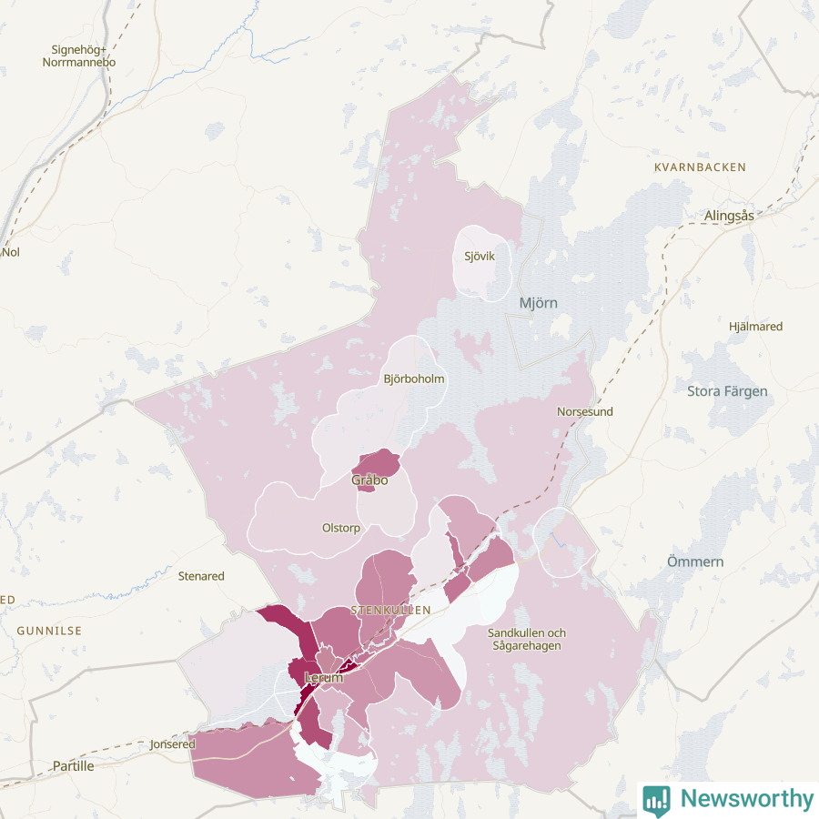 Karta som visar antalet cykelstölder i olika delar av Lerums kommun, även i tabell nedan