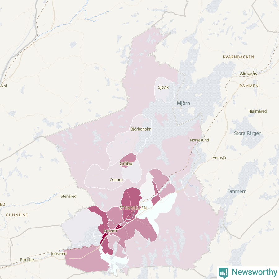 Karta som visar antalet cykelstölder i olika delar av Lerums kommun, även i tabell nedan