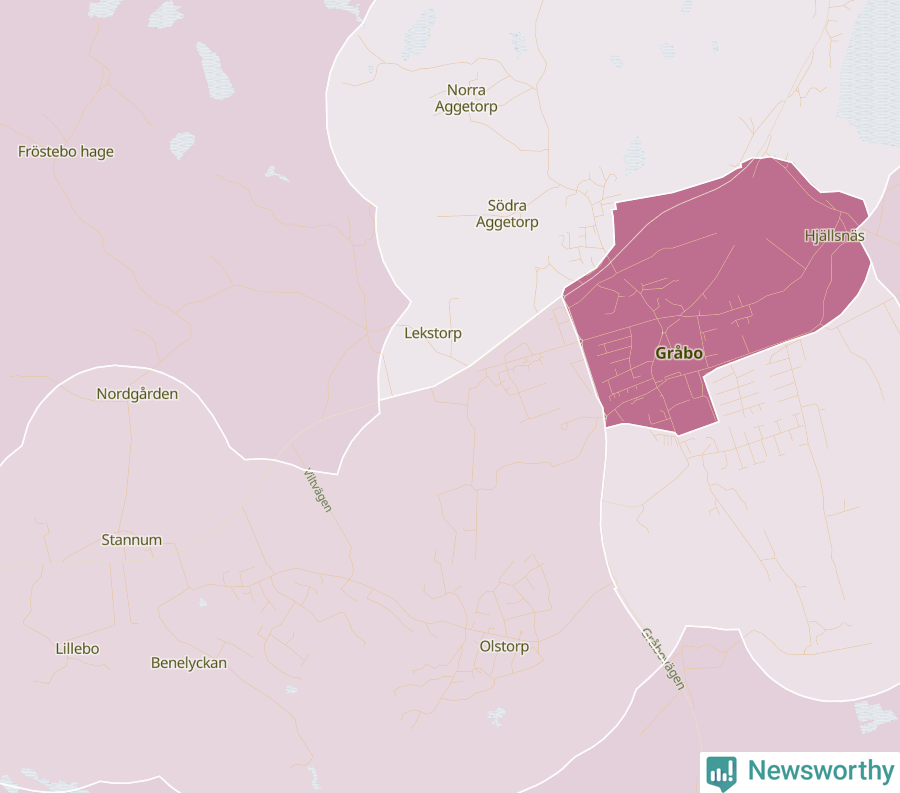 Karta som visar antalet cykelstölder i olika delar av Gråbo, se tabell ovan
