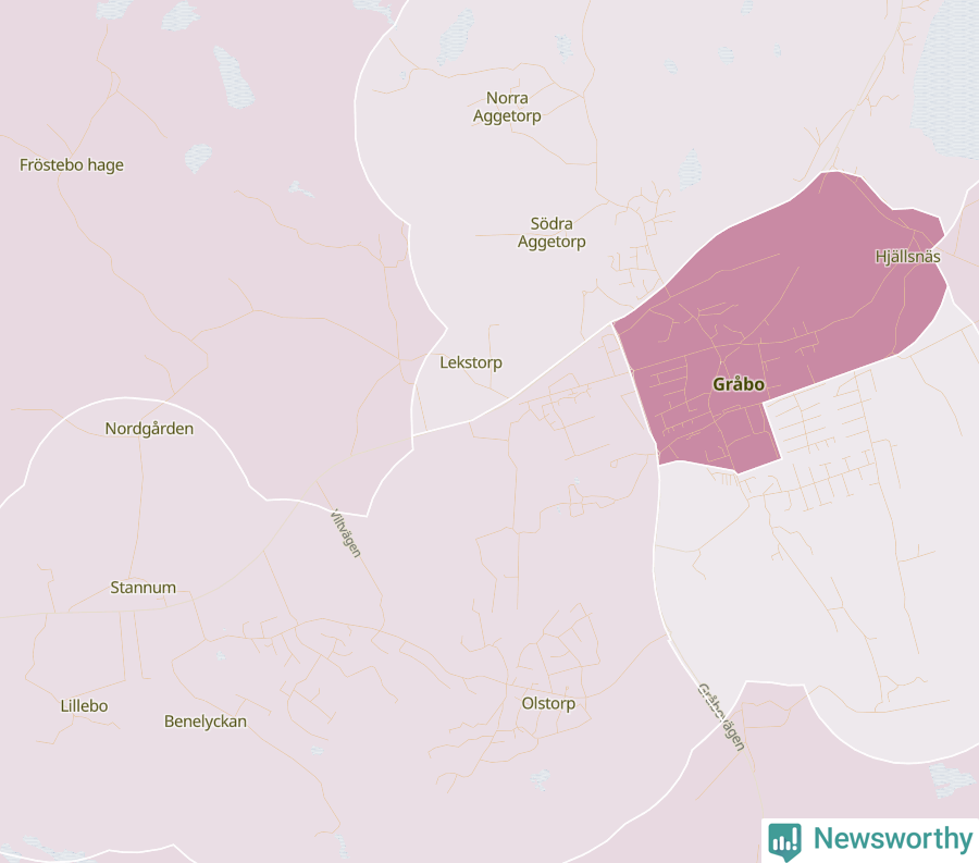 Karta som visar antalet cykelstölder i olika delar av Gråbo, se tabell ovan