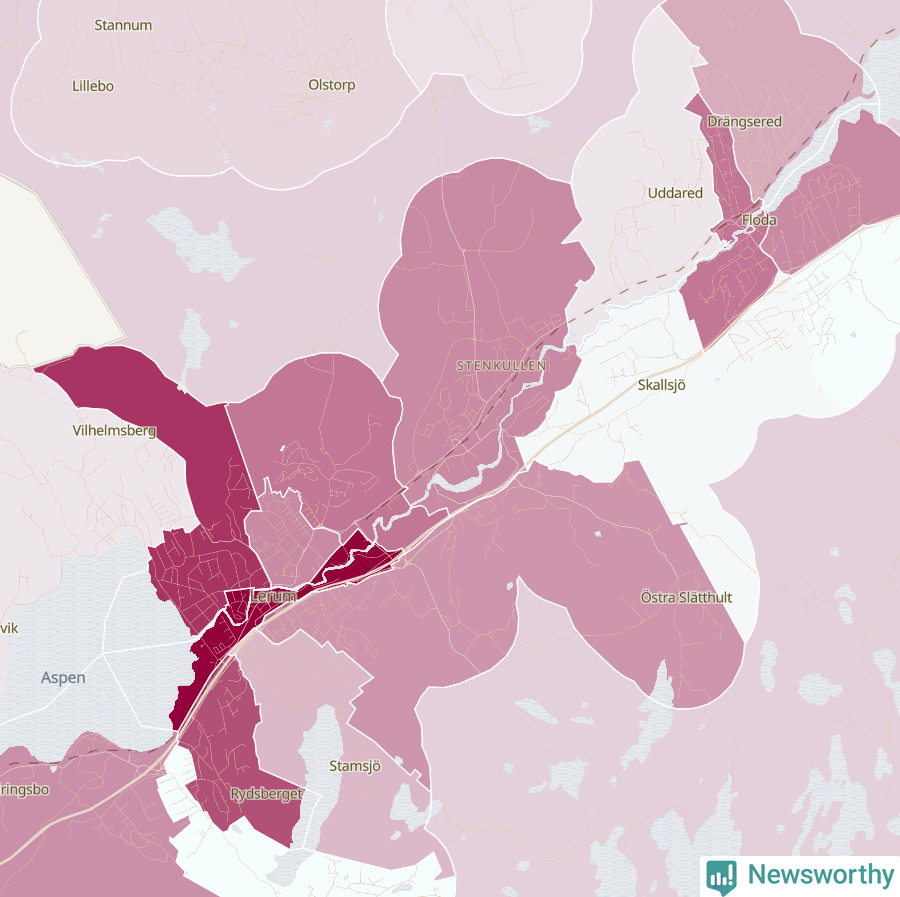 Karta som visar antalet cykelstölder i olika delar av Lerum, se tabell ovan