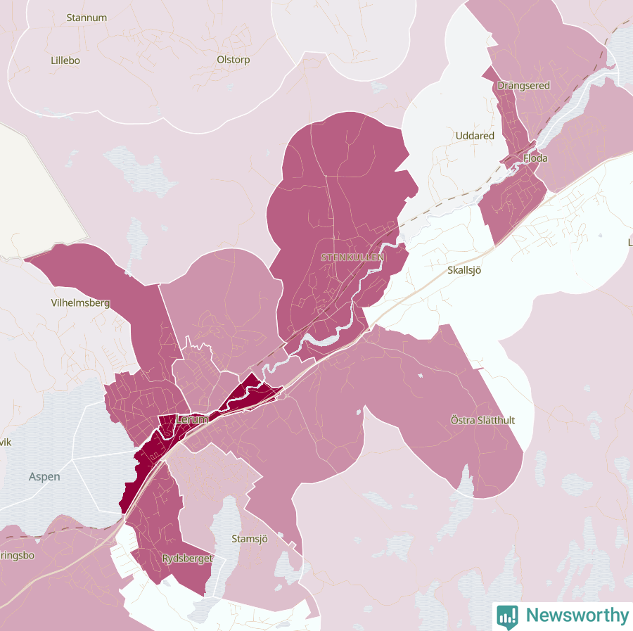 Karta som visar antalet cykelstölder i olika delar av Lerum, se tabell ovan