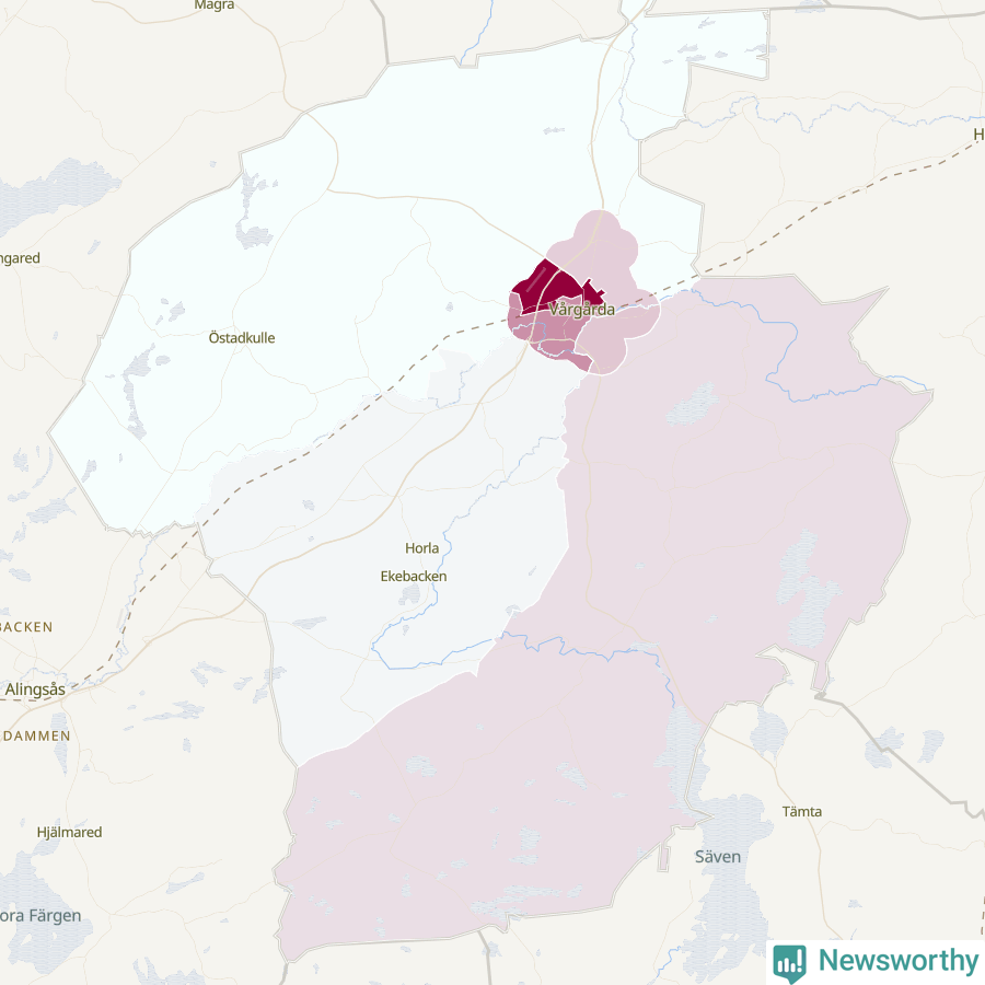Karta som visar antalet cykelstölder i olika delar av Vårgårda kommun, även i tabell nedan