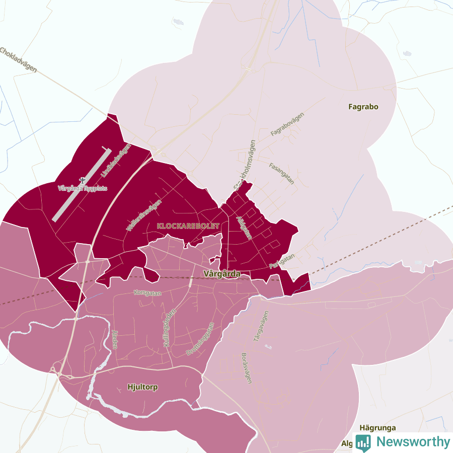 Karta som visar antalet cykelstölder i olika delar av Vårgårda, se tabell ovan