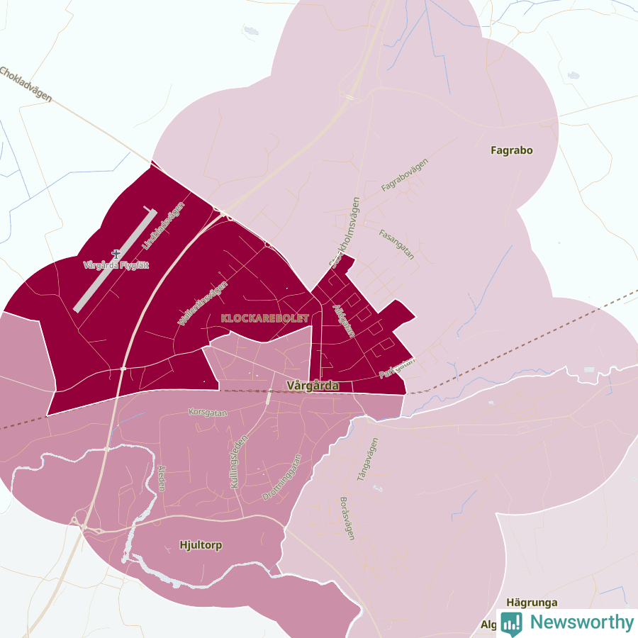 Karta som visar antalet cykelstölder i olika delar av Vårgårda, se tabell ovan