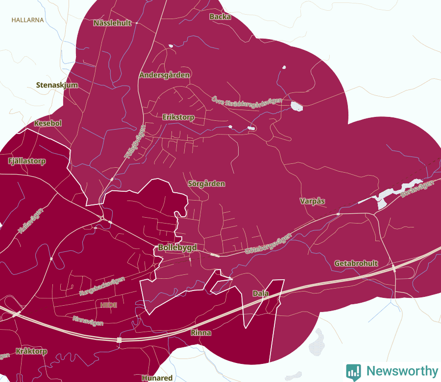 Karta som visar antalet cykelstölder i olika delar av Bollebygd, se tabell ovan