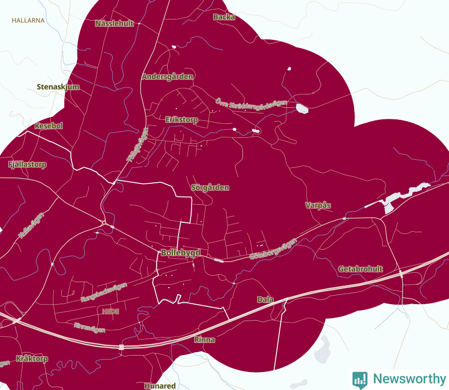 Karta som visar antalet cykelstölder i olika delar av Bollebygd, se tabell ovan