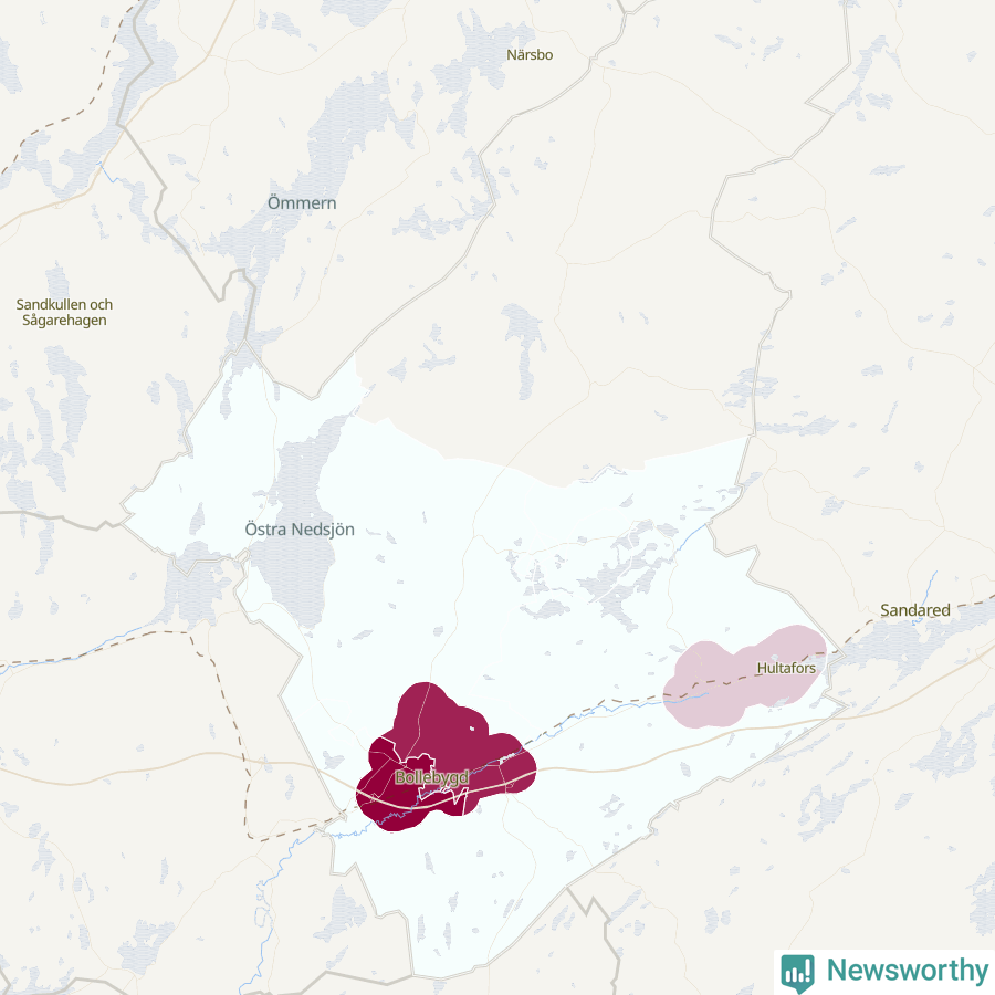 Karta som visar antalet cykelstölder i olika delar av Bollebygds kommun, även i tabell nedan