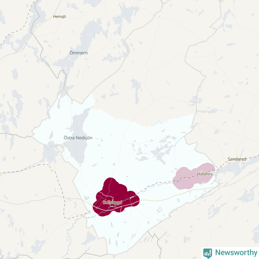 Karta som visar antalet cykelstölder i olika delar av Bollebygds kommun, även i tabell nedan