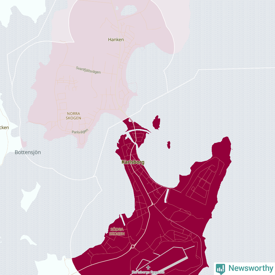 Karta som visar antalet cykelstölder i olika delar av Karlsborg, se tabell ovan