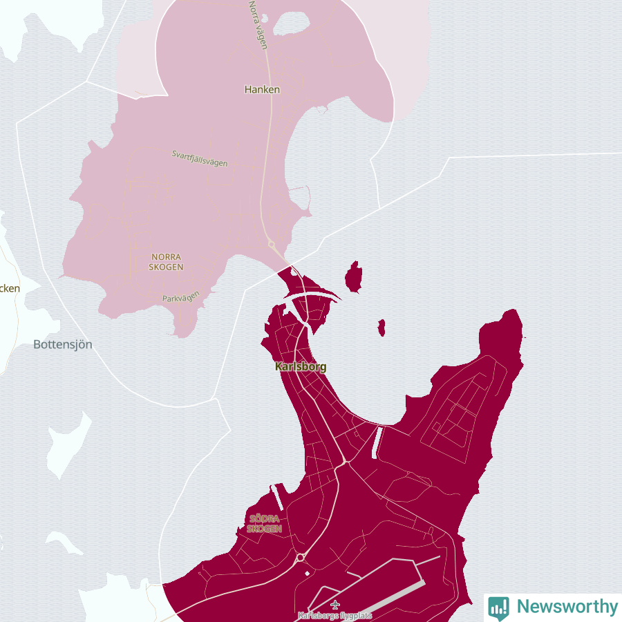 Karta som visar antalet cykelstölder i olika delar av Karlsborg, se tabell ovan