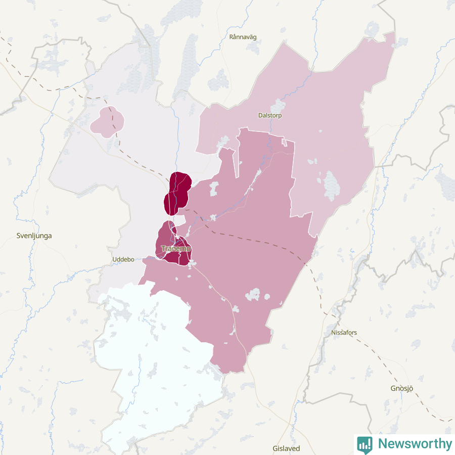 Karta som visar antalet cykelstölder i olika delar av Tranemo kommun, även i tabell nedan