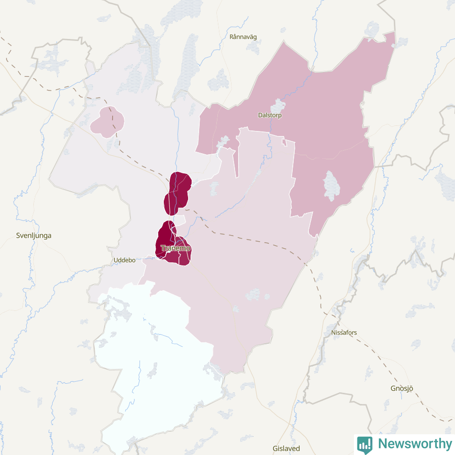 Karta som visar antalet cykelstölder i olika delar av Tranemo kommun, även i tabell nedan