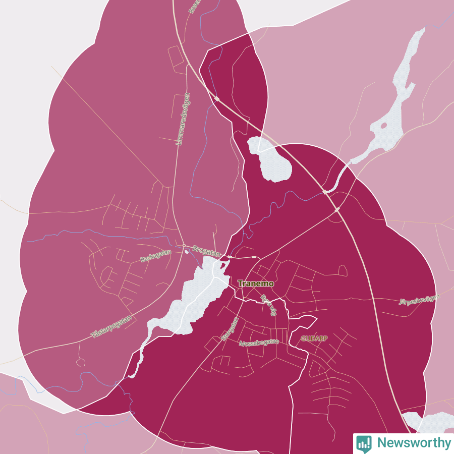 Karta som visar antalet cykelstölder i olika delar av Tranemo, se tabell ovan
