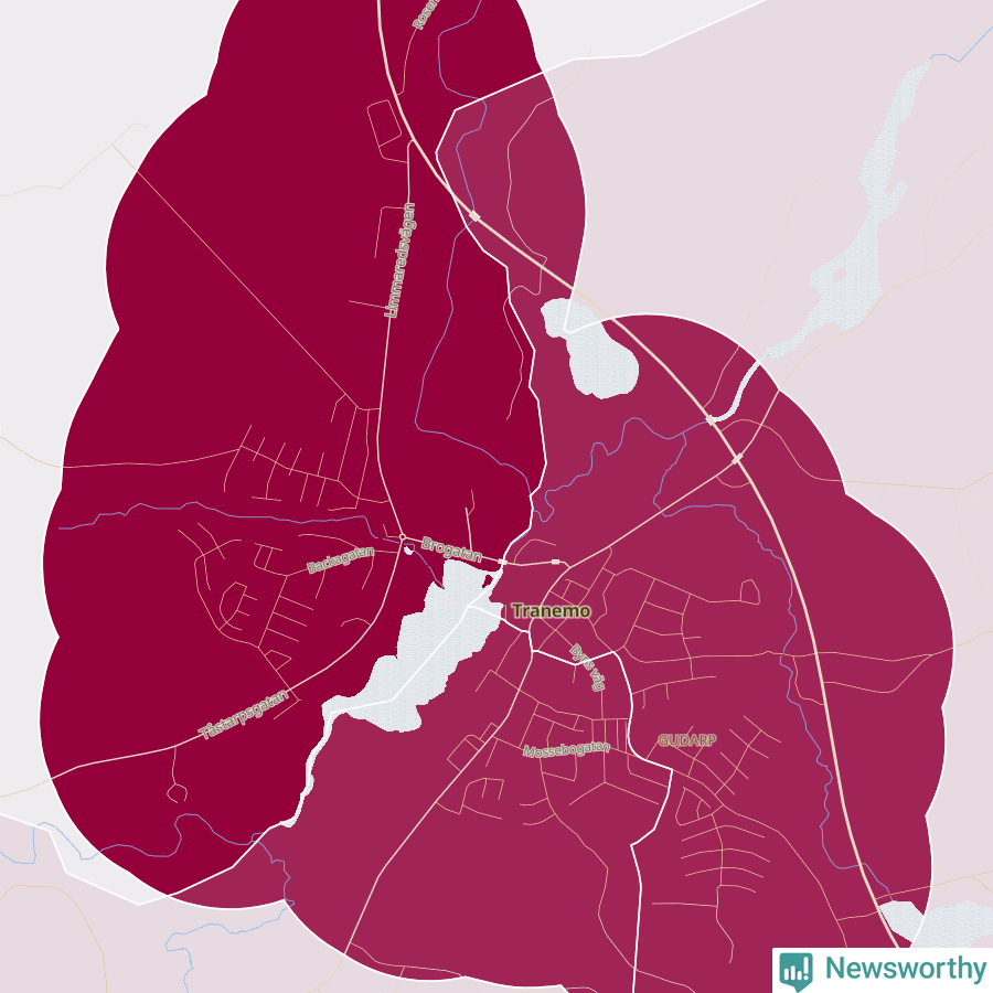 Karta som visar antalet cykelstölder i olika delar av Tranemo, se tabell ovan