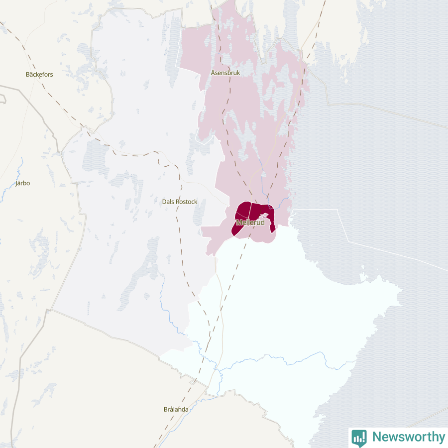 Karta som visar antalet cykelstölder i olika delar av Melleruds kommun, även i tabell nedan