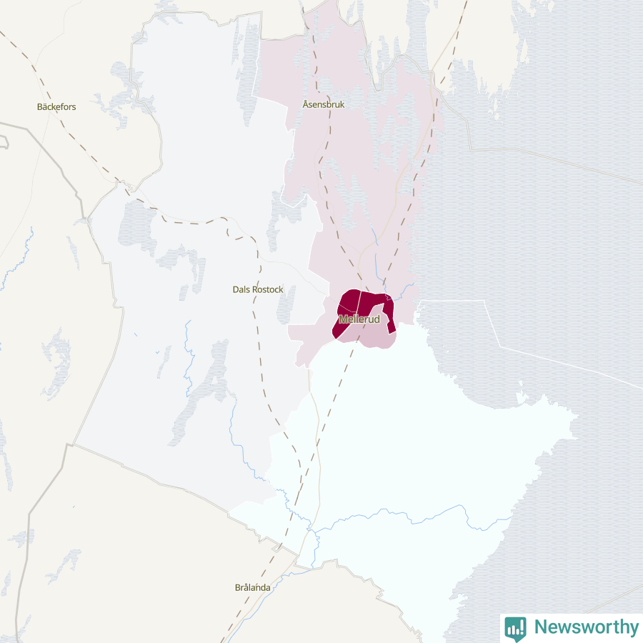 Karta som visar antalet cykelstölder i olika delar av Melleruds kommun, även i tabell nedan