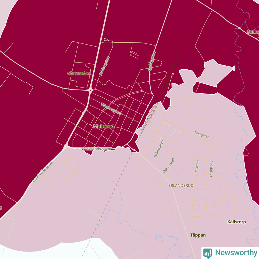 Karta som visar antalet cykelstölder i olika delar av Mellerud, se tabell ovan