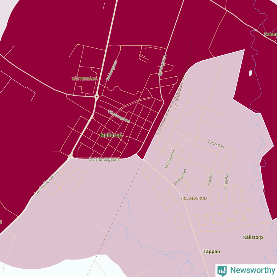 Karta som visar antalet cykelstölder i olika delar av Mellerud, se tabell ovan