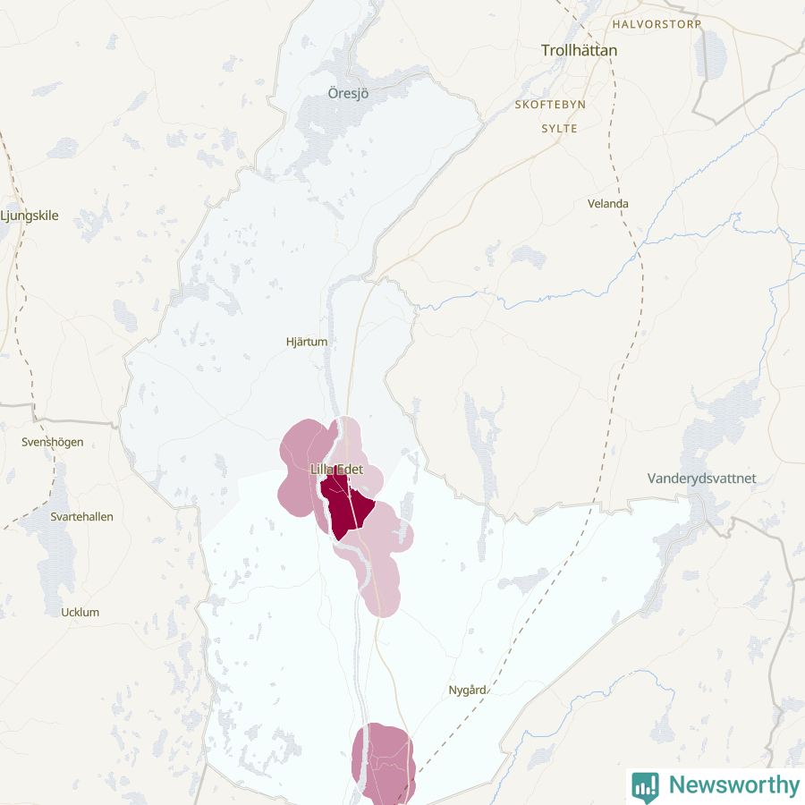 Karta som visar antalet cykelstölder i olika delar av Lilla Edets kommun, även i tabell nedan