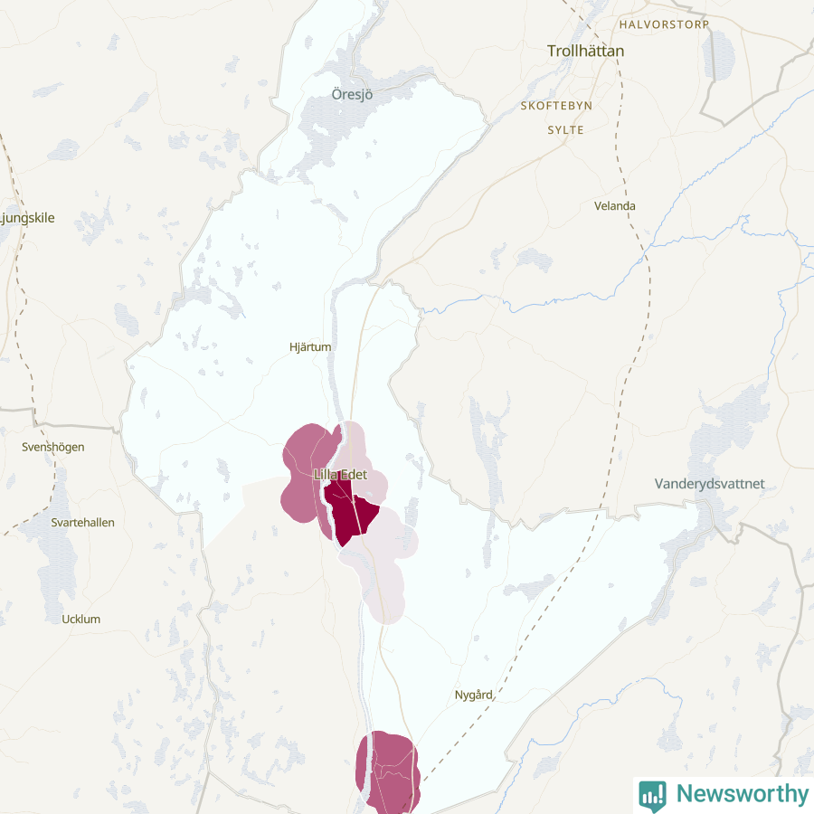 Karta som visar antalet cykelstölder i olika delar av Lilla Edets kommun, även i tabell nedan