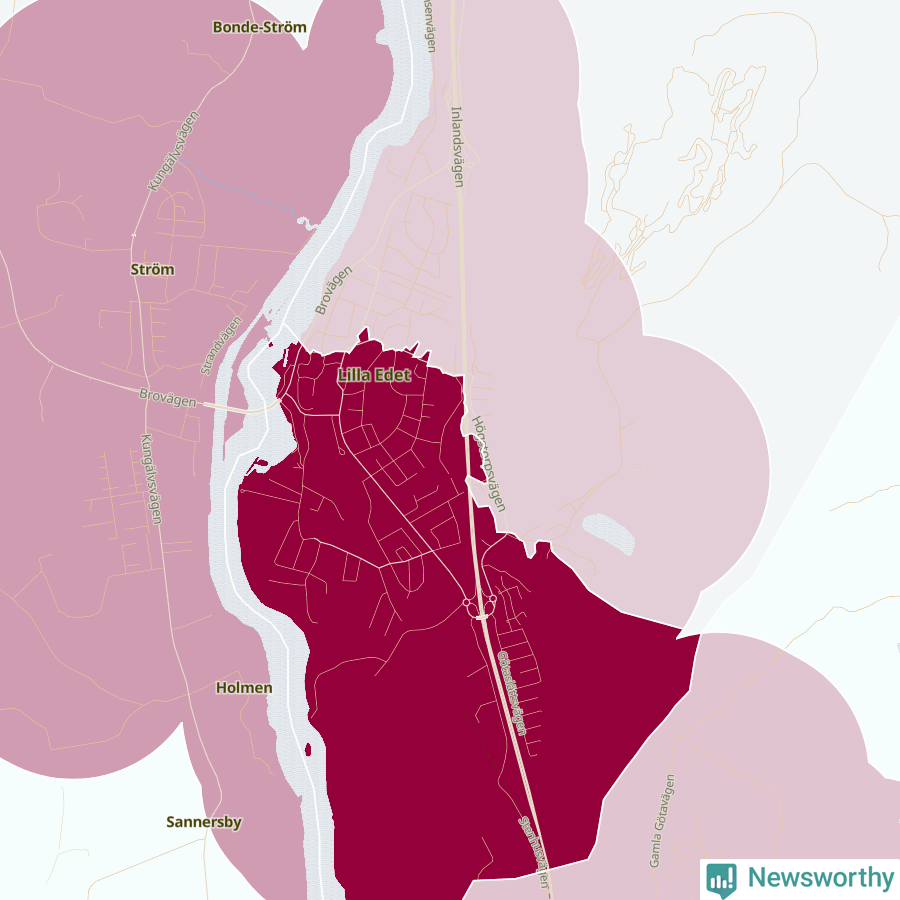 Karta som visar antalet cykelstölder i olika delar av Lilla Edet, se tabell ovan
