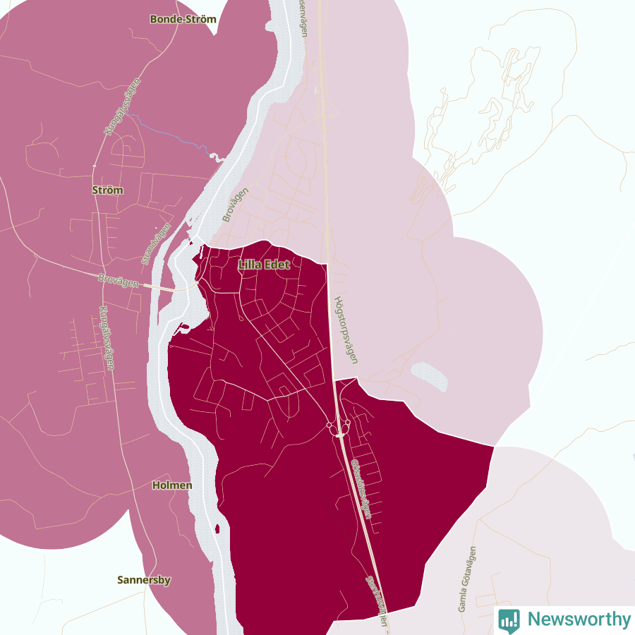 Karta som visar antalet cykelstölder i olika delar av Lilla Edet, se tabell ovan