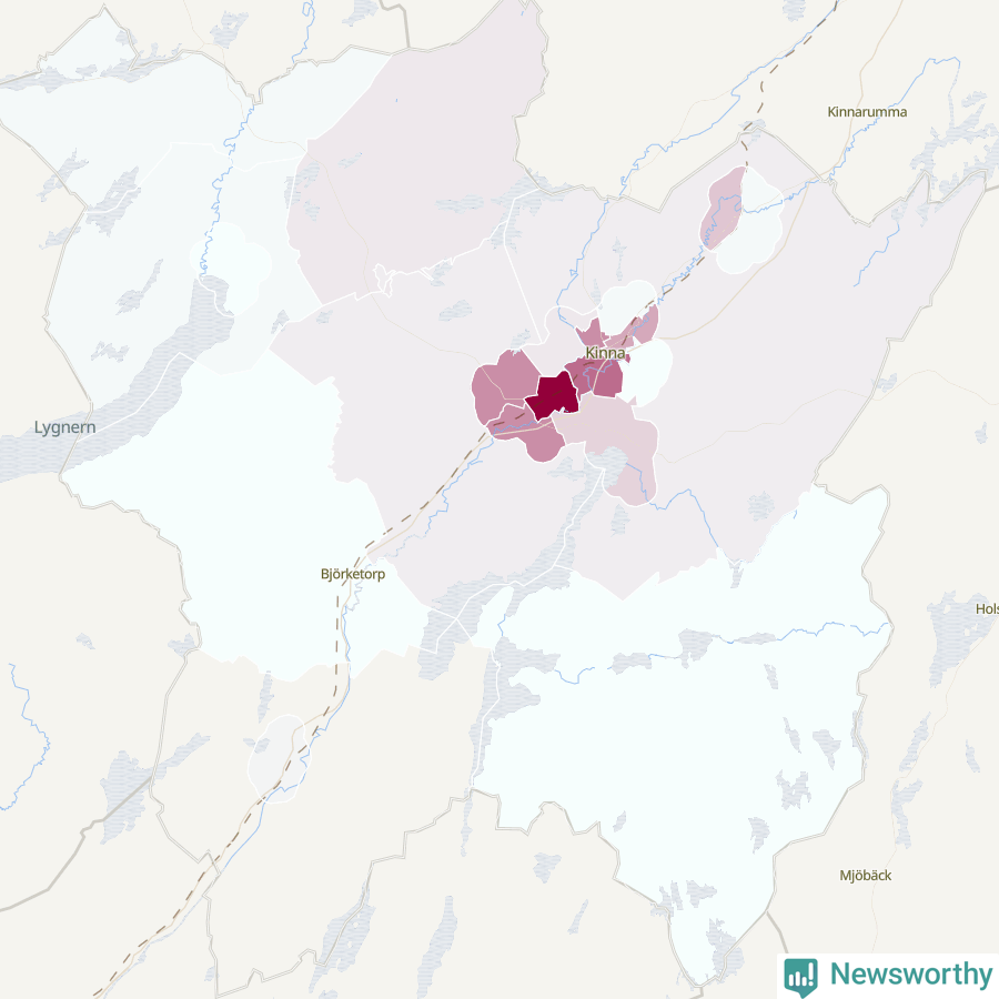 Karta som visar antalet cykelstölder i olika delar av Marks kommun, även i tabell nedan
