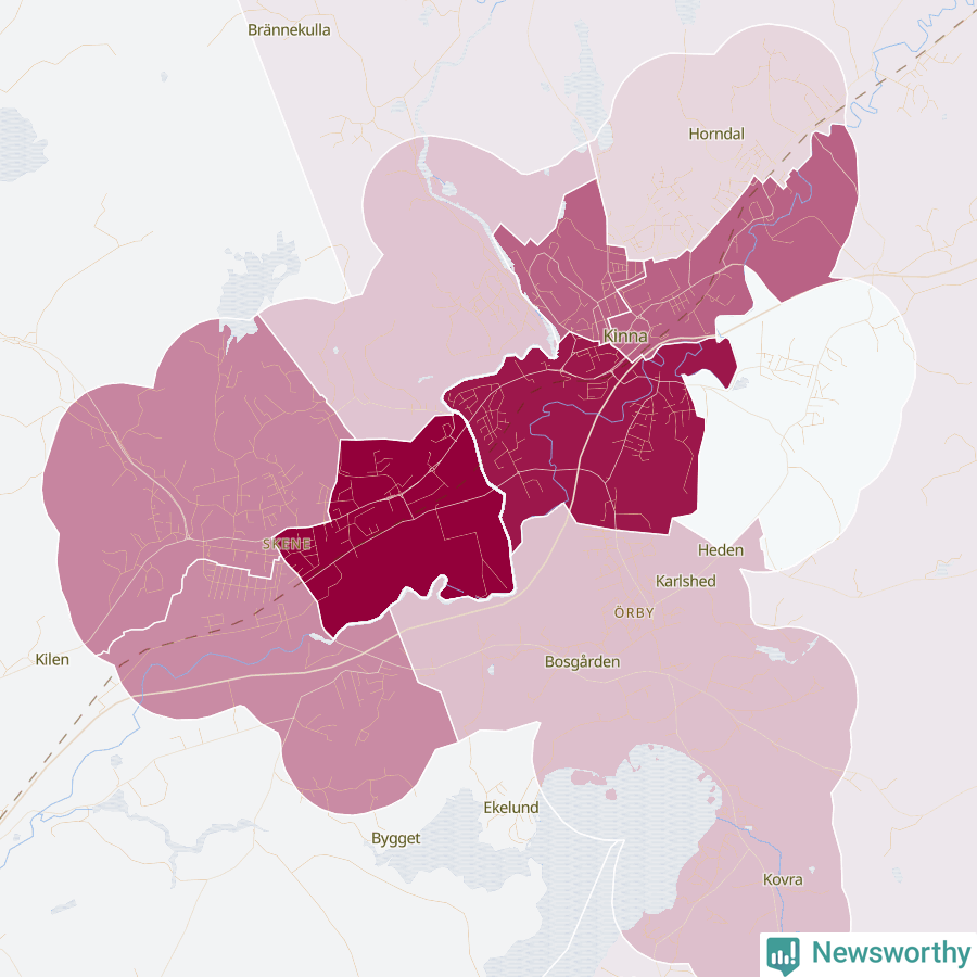 Karta som visar antalet cykelstölder i olika delar av Kinna, se tabell ovan