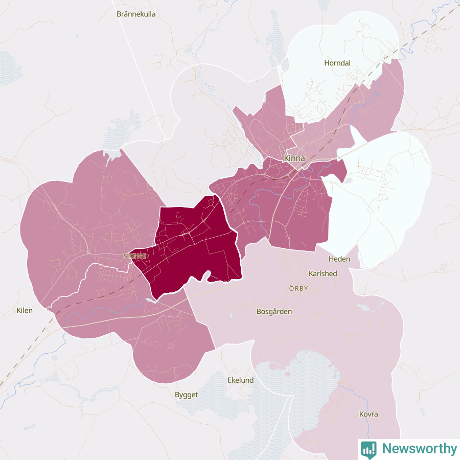 Karta som visar antalet cykelstölder i olika delar av Kinna, se tabell ovan