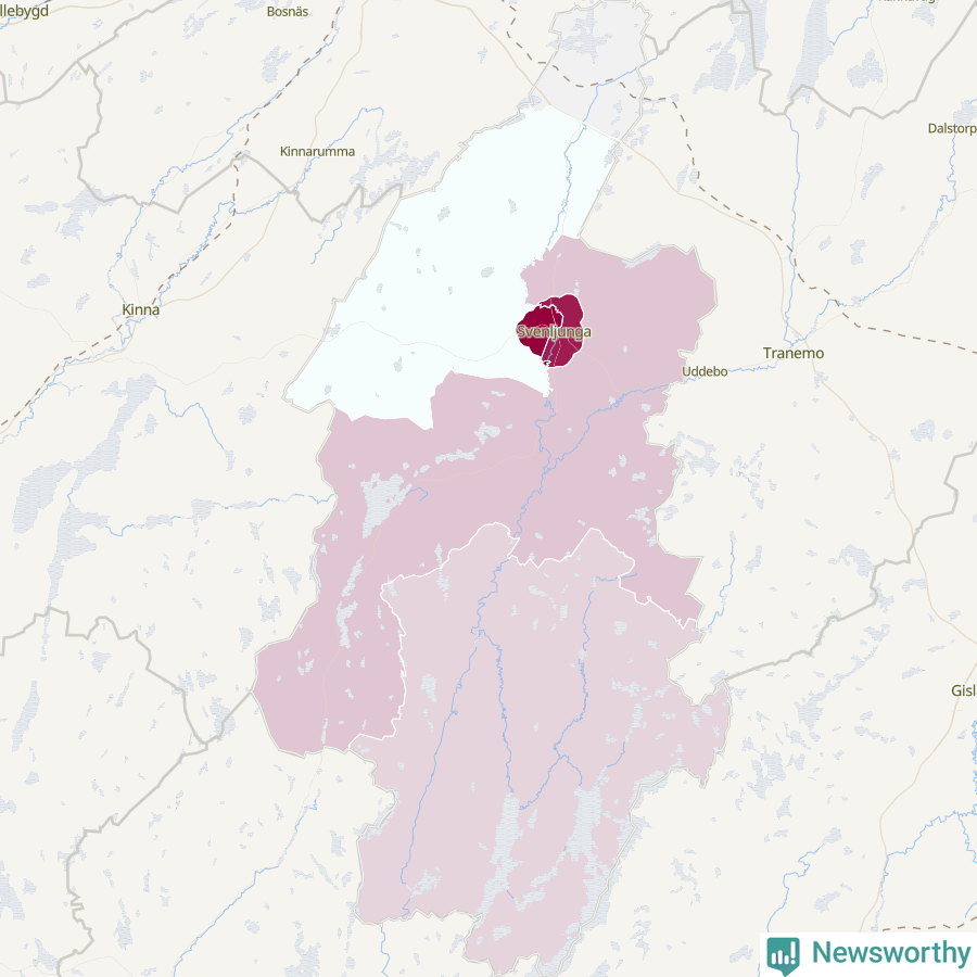 Karta som visar antalet cykelstölder i olika delar av Svenljunga kommun, även i tabell nedan
