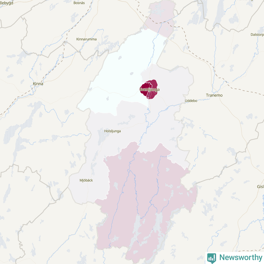 Karta som visar antalet cykelstölder i olika delar av Svenljunga kommun, även i tabell nedan