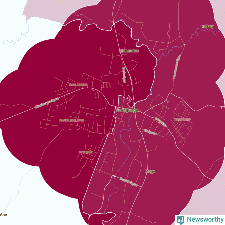 Karta som visar antalet cykelstölder i olika delar av Svenljunga, se tabell ovan
