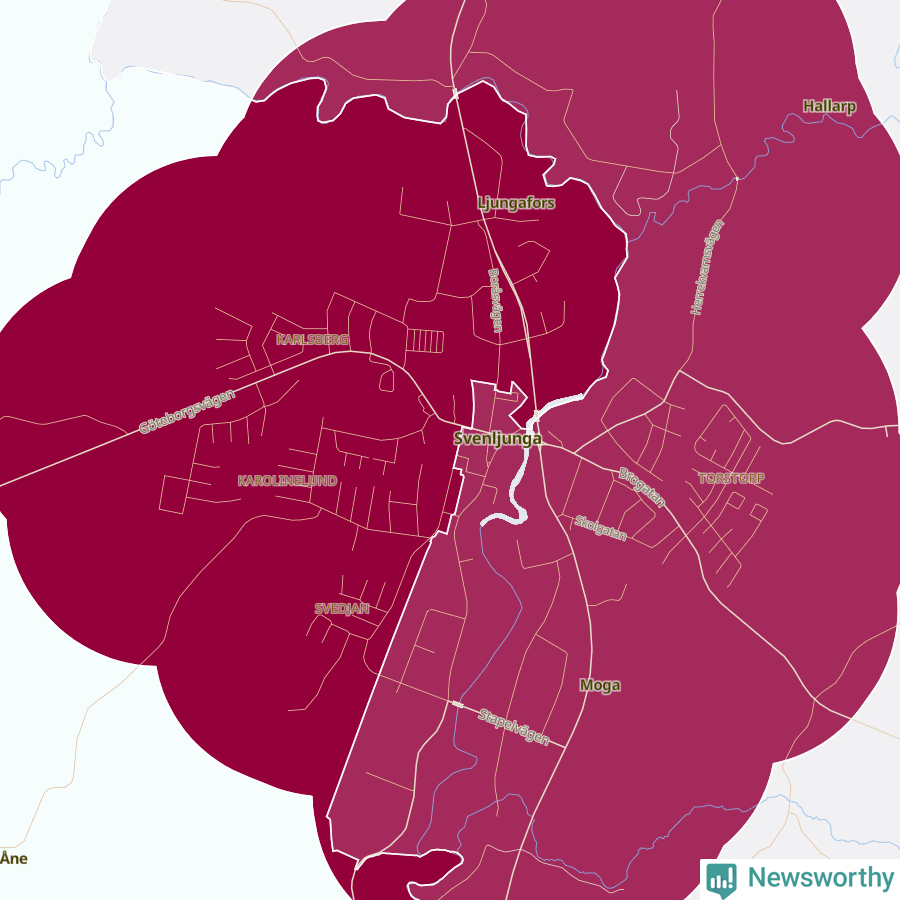 Karta som visar antalet cykelstölder i olika delar av Svenljunga, se tabell ovan